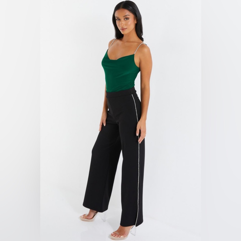 Petite Black Embellished Trim Palazzo Trousers